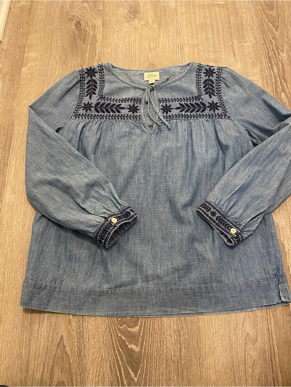 J.Crew Chambray Embroidered Peasant Blouse Womens M Blue Boho Floral